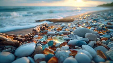 Wall Mural - A beach shoreline containing tumbled stones, colorful beach glass, and driftwood, shot from a low. Generative AI.