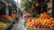 A bustling summer street market with colorful stalls overflowing with fresh fruits, vegetables, and flowers. Generative AI.