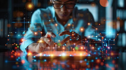 Aufkleber - A businessman analyzes sales data graphs on modern icons for strategy, Solution analysis digital online marketing on global network connection. Generative AI.