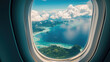 View of a tropical island from the plane porthole.