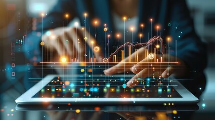 Aufkleber - A businessman analyzes sales data graphs on modern icons for strategy, Solution analysis digital online marketing on global network connection. Generative AI.