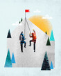 © Lustre Art Group  - People going mountaineering with specialized equipment and clothes, climbing upwards the mountain and reaching top of the peak. Contemporary art collage. Concept of active tourism, travelling, hobby
