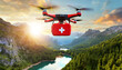 Closeup of a drone with a red first aid kit flying over a mountain landscape with green forest, small lake and valley at sunset or sunrise. Mountain rescue concept. Generative Ai.
