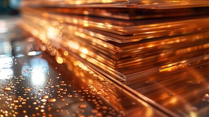 Poster - A stack of clean, shiny Copper steel sheets in industrial factory floor. Generative AI.