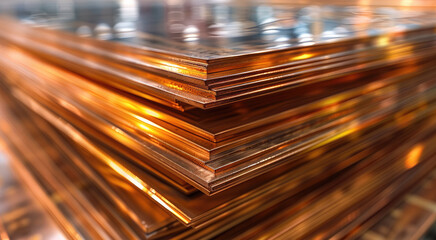 Poster - A stack of clean, shiny Copper steel sheets in industrial factory floor. Generative AI.