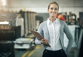 Aufkleber - Woman, manufacturer and happy at factory or warehouse with clipboard for paperwork and administration. Portrait, female person and smile for data or information capture in logistics company.