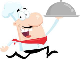 Wall Mural - Smiling Chef Man Cartoon Character Running With Silver Platter. Vector Illustration Flat Design Isolated On Transparent Background