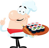 Fototapeta Dinusie - Chef Man Cartoon Character Holding Sushi Set Japanese Seafood And Giving The Thumbs Up. Vector Illustration Flat Design Isolated On Transparent Background