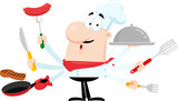 Fototapeta Dinusie - Chef Man Cartoon Character Multitasking At Kitchen. Vector Illustration Flat Design Isolated On Transparent Background