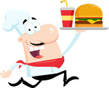 Fototapeta Dinusie - Happy Chef Man Cartoon Character Running With Burger And Soda. Vector Illustration Flat Design Isolated On Transparent Background