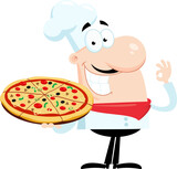 Fototapeta Dinusie - Smiling Chef Man Cartoon Character Holding A Pizza And Gesturing Ok. Vector Illustration Flat Design Isolated On Transparent Background