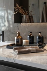 Cosmetics bottlesle countertop in modern bathroom, closeup