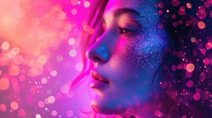 Wall Mural - High Fashion model lips and face woman in colorful bright neon uv blue and purple lights, posing in studio