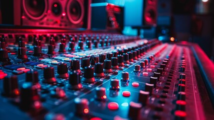 Professional Sound studio scene. Intricate audio equipment, Audio mixing console in a streaming