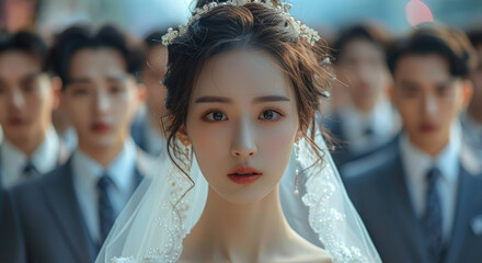 Wall Mural - A young and beautiful Chinese beauty wearing a wedding dress, with a row of young and handsome Chinese men in suits standing behind her. Generative AI.