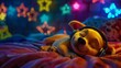 cartoon baby dog sleeping with head phones on, bright colourful twinkle little star