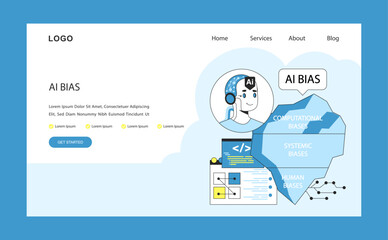 AI ethics web or landing. AI robotic character delineates the facets