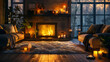 Cozy living room with glowing fireplace, comfortable sofa and candlelight