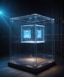 An intricate network pattern within a transparent, illuminated cube represents secure data exchange and protection. Its glow stands out in a shadowy environment, suggesting high-level cybersecurity
