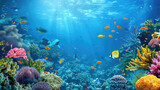 Fototapeta Do akwarium - beautiful underwater scenery with various types of fish and coral reefs Generative AI