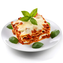 Wall Mural - Tasty hot Lasagna served with a basil leaf on white bowl, isolated on white background,