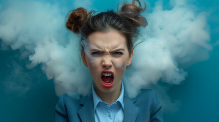 Wall Mural - Angry businesswoman in office. Shocked woman with smoke in her hair