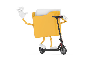 Aufkleber - Yellow File Folder Icon Cartoon Person Character Mascot Riding Kick Electric Scooter. 3d Rendering