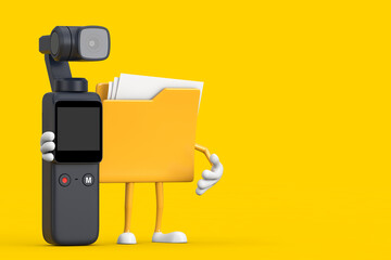 Poster - Yellow File Folder Icon Cartoon Person Character Mascot with Pocket Gimbal Action Camera. 3d Rendering