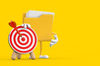 Yellow File Folder Icon Cartoon Person Character Mascot with Archery Target and Dart in Center. 3d Rendering