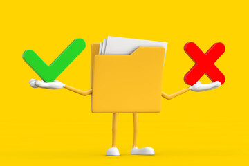 Aufkleber - Yellow File Folder Icon Cartoon Person Character Mascot with Red Cross and Green Check Mark, Confirm or Deny, Yes or No Icon Sign. 3d Rendering