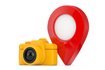 Poster - Abstract Yellow Photo Camera Web Icon with Red Map Pointer Pin. 3d Rendering