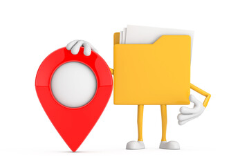 Aufkleber - Yellow File Folder Icon Cartoon Person Character Mascot with Red Target Map Pointer Pin. 3d Rendering