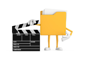 Poster - Yellow File Folder Icon Cartoon Person Character Mascot with Movie Clapper Board. 3d Rendering