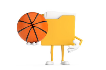 Poster - Yellow File Folder Icon Cartoon Person Character Mascot with Basketball Ball. 3d Rendering