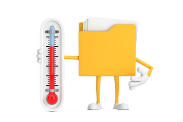 Wall Mural - Yellow File Folder Icon Cartoon Person Character Mascot with Outdoor Thermometer. 3d Rendering