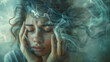 portrait of stressed young woman with closed eyes and hands on head on blue background