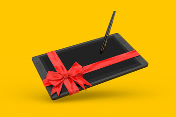 Leinwandbilder - Big Size of Digital Graphics Drawing Tablet Monitor with Pen and Blank Screen as Gift with Red Ribbon and Bow. 3d Rendering