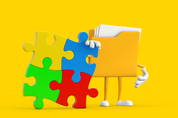 Poster - Yellow File Folder Icon Cartoon Person Character Mascot with Four Pieces of Colorful Jigsaw Puzzle. 3d Rendering