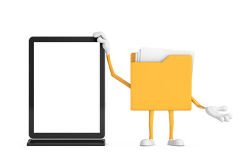 Aufkleber - Yellow File Folder Icon Cartoon Person Character Mascot with Blank Trade Show LCD Screen Display Stand as Template for Your Design. 3d Rendering
