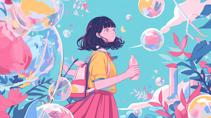 Canvas Print - A girl is holding a straw in a drink and wearing a yellow shirt and blue backpack. She is surrounded by bubbles and flowers