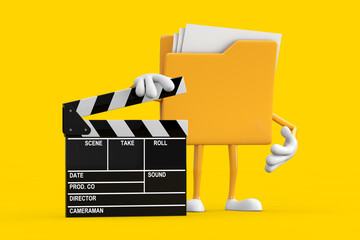 Poster - Yellow File Folder Icon Cartoon Person Character Mascot with Movie Clapper Board. 3d Rendering