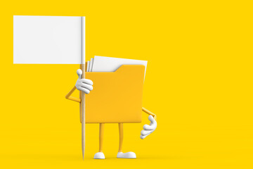 Aufkleber - Yellow File Folder Icon Cartoon Person Character Mascot with White Flag with Free Space for Your Design. 3d Rendering