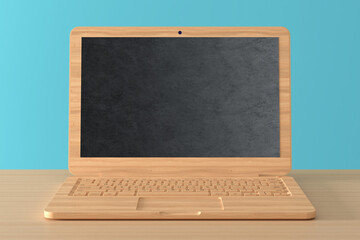 Poster - Abstract Wooden Laptop with Chalkboard as Screen. 3d Rendering