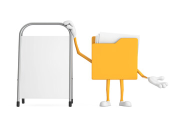 Aufkleber - Yellow File Folder Icon Cartoon Person Character Mascot with White Blank Advertising Promotion Stand. 3d Rendering