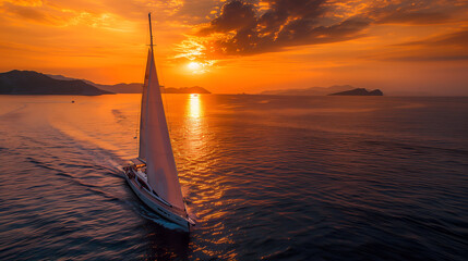 Sticker - Sailing yacht in the sea at sunset. Luxury yacht.