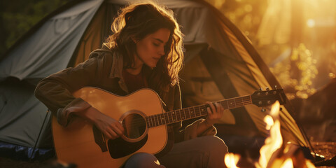 Wall Mural - Cheerful young female musician playing a guitar by a bonfire at a campsite on summer night.