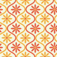 Wall Mural - Retro Yellow and Orange Flowers  on Mid Century Ogee Ovals Seamless Pattern. For Wallpaper, Fabric and Home décor