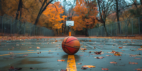 Wall Mural - Basketball ball on a basketball court in an autumn park with yellow leaves