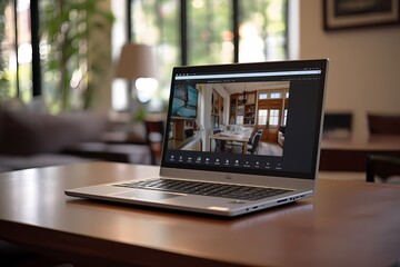 Wall Mural - A close-up shot of a laptop on a tidy desk, the high-definition image showcasing the details and textures of the modern computing device.