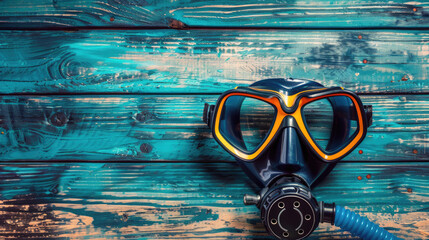 Scuba diving mask on wooden background. Scuba diving equipment